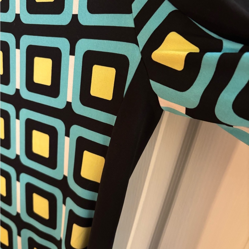 Banana Republic Black Dress w/Blue & Yellow Geometric Pattern, Size M - Picture 6 of 6